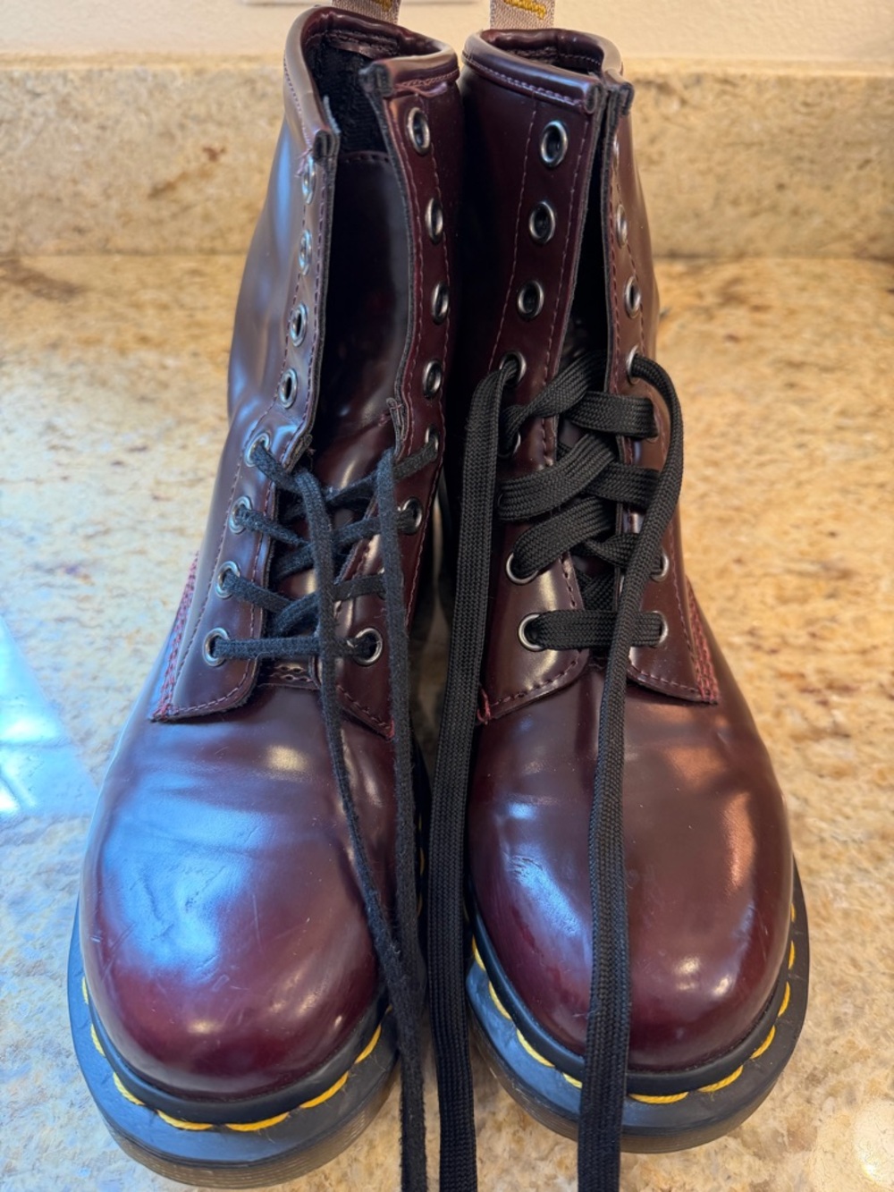 Doc Marten Burgundy Lace-Up Combat Boots with Yellow Stitching